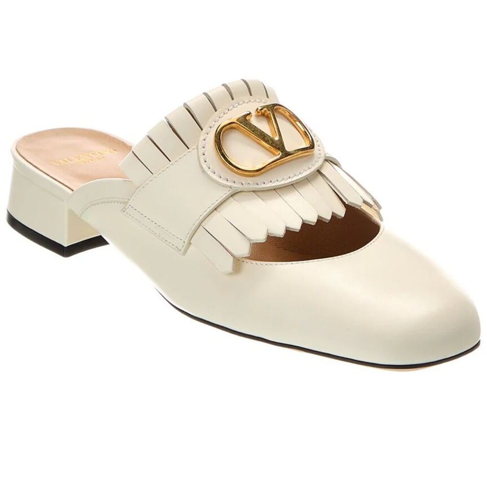 Valentino Cream Mules with Gold Logo Detail